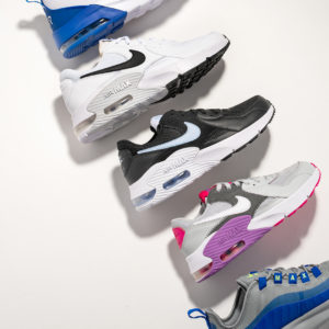 Line of Nike Air sneakers in bright colors