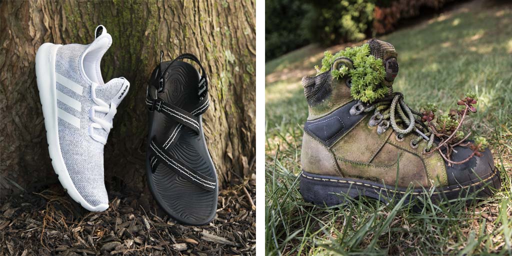 From brand-new to end of life, make more sustainable decisions with your footwear. Brand-new adidas made from recycled materials leaning against a tree, next to a pair of earth-friendly Chacos. Nearby, an old workboot is repurposed as a planter.