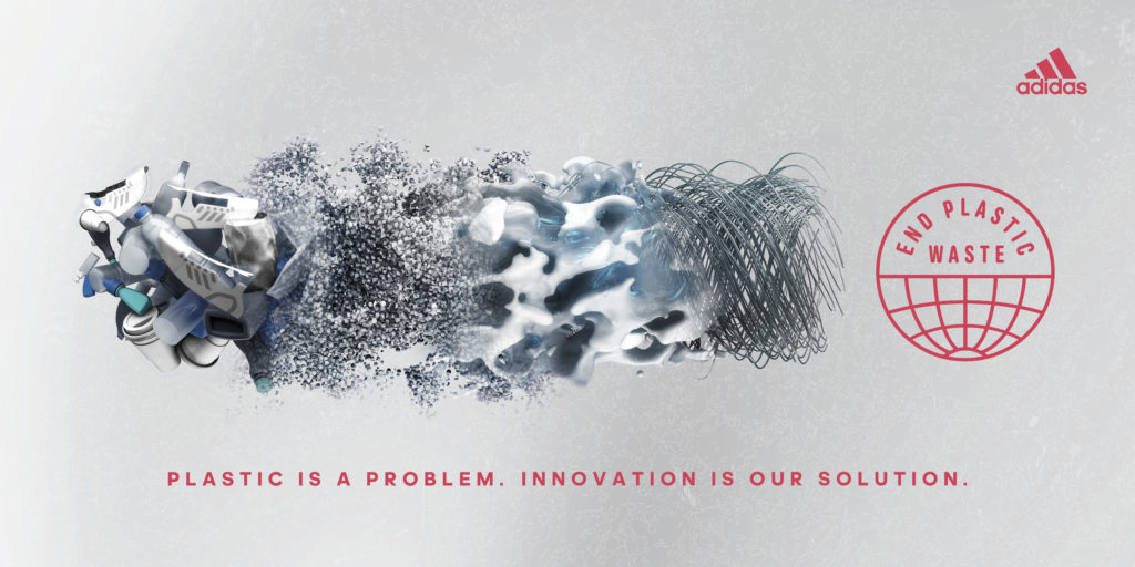 adidas End Plastic Waste initiative: Plastic is a problem. Innovation is our solution. Graphic shows an illustration of plastic goods, including adidas brand sneakers, bags, and water bottles degrading into microplastics in our oceans, and then being spun back into fibers for making new goods.
