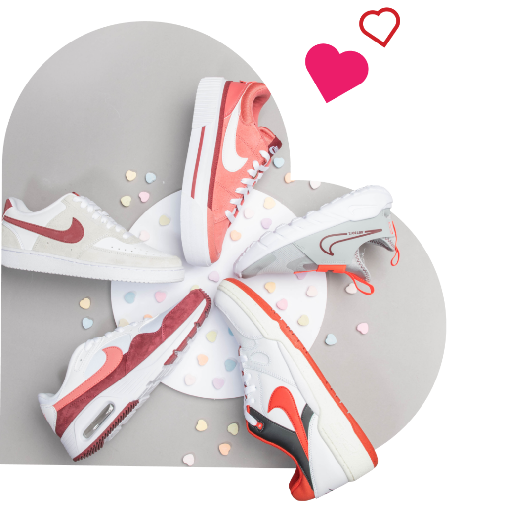 Nike sneakers in red, white, and pink for Valentine's Day.