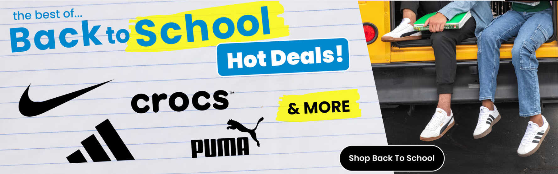 Back to school tennis shoes banner with Nike, Puma, adidas