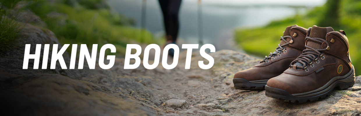 A pair of hiking boots on a trail with text "Hiking Boots"